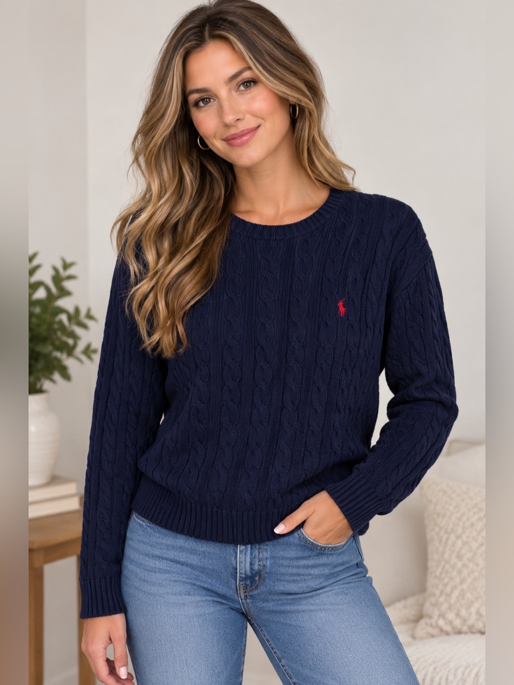 Ralph Lauren Navy Cable Knit Cotton Sweater Women’s Size Large